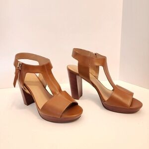 Franco Sarto Malana Tan‎ Leather Peep Toe Block Heel Zipper Sandals Women 10M
